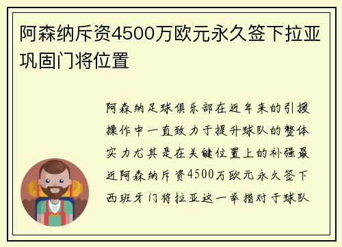 阿森纳斥资4500万欧元永久签下拉亚巩固门将位置